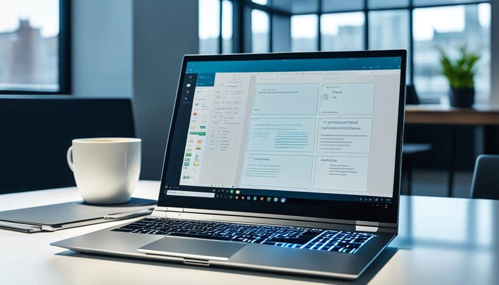 Display Laptop on the table with a cup of tea