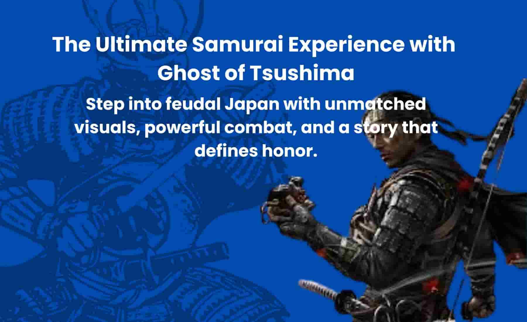 Jin Sakai standing in golden fields with katana drawn, set against a feudal Japanese backdrop in Ghost of Tsushima.
