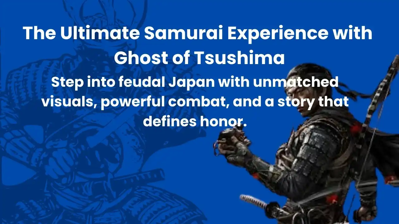 Jin Sakai standing in golden fields with katana drawn, set against a feudal Japanese backdrop in Ghost of Tsushima.
