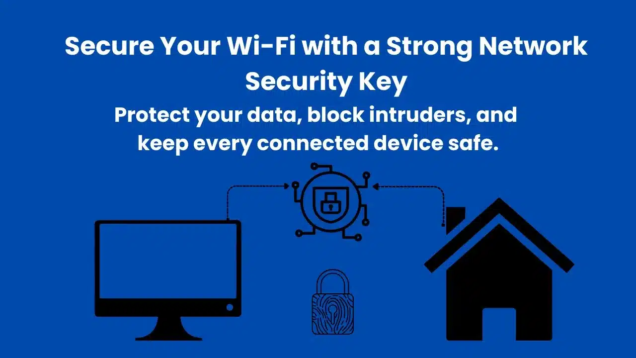 Secured Wi-Fi network represented by a padlock over a wireless symbol to illustrate the importance of a network security key
