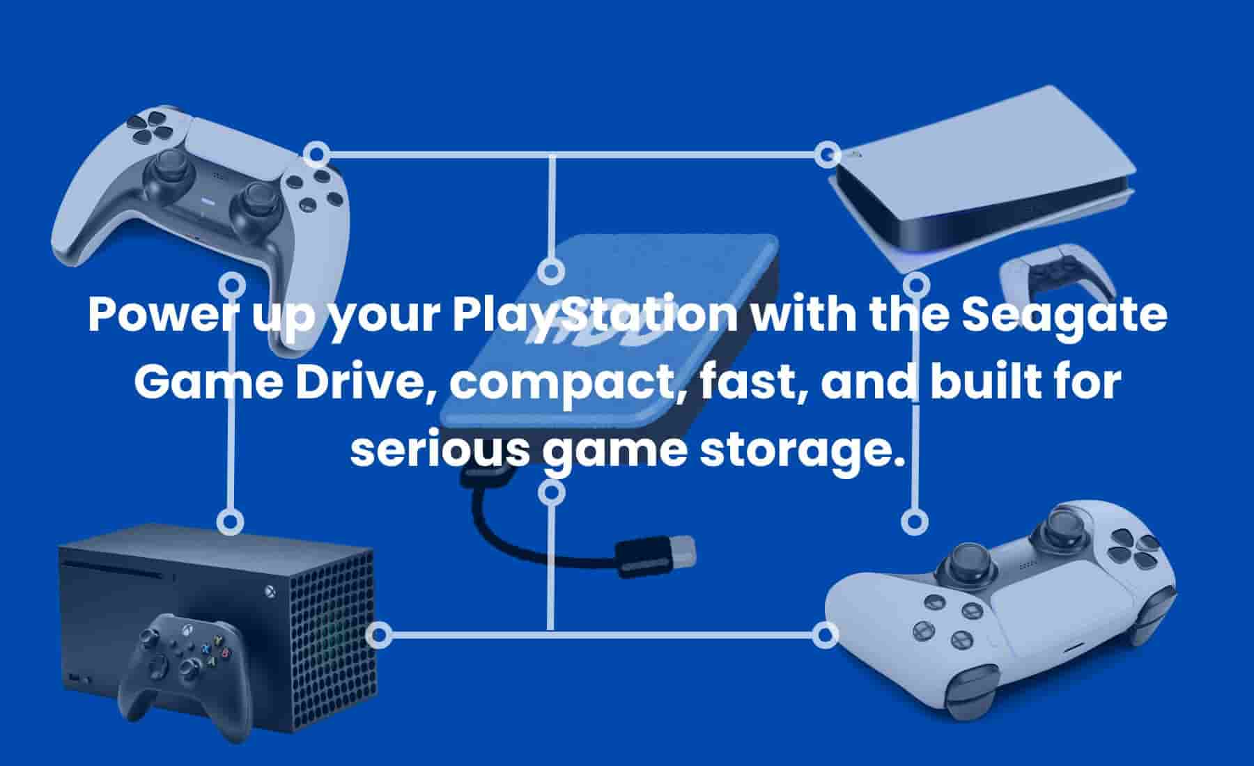 Seagate Game Drive connected to a PlayStation console with controller and game screen in background