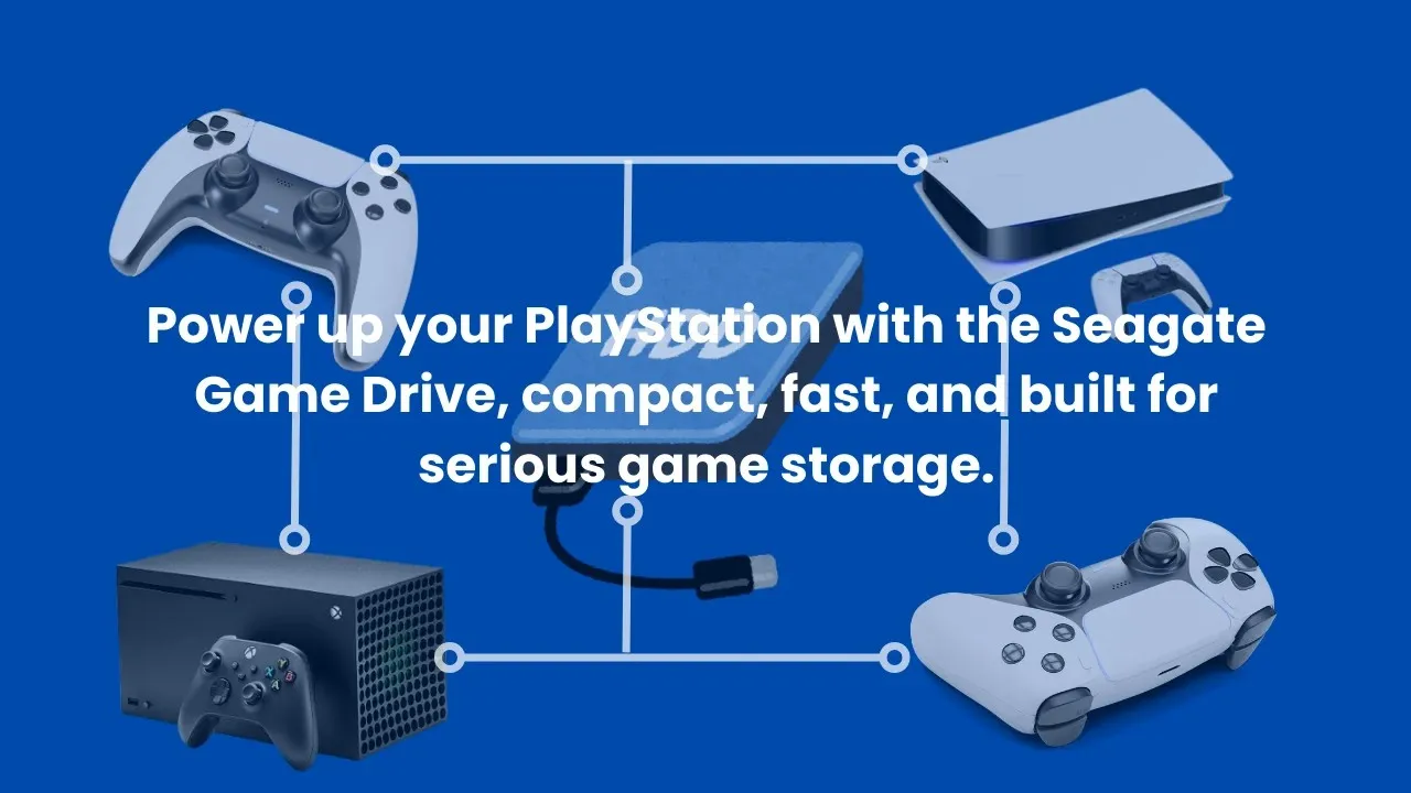 Seagate Game Drive connected to a PlayStation console with controller and game screen in background