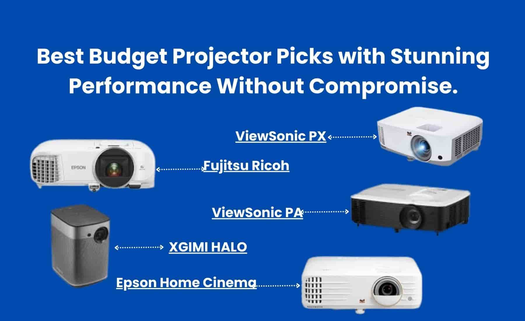 Lineup of top 2025 projectors displayed on a table with feature highlights