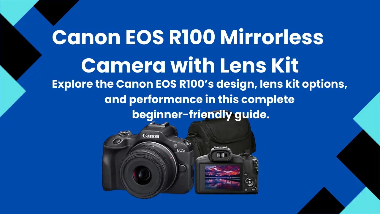 Canon EOS R100 mirrorless camera with RF-S 18-45mm lens, compact and lightweight design on a white background