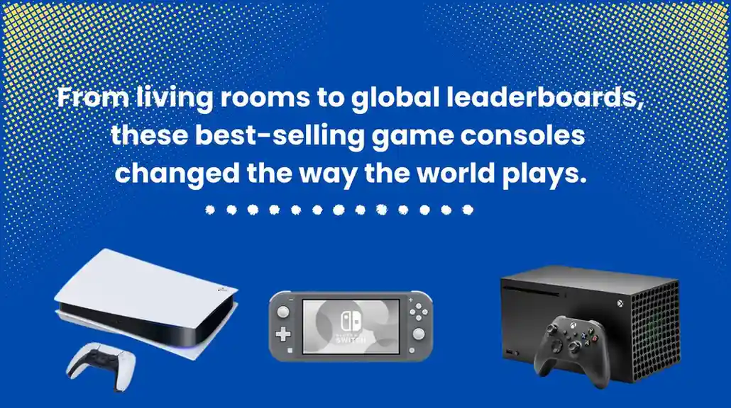 Evolution of best selling game consoles from Generation 1 to Generation 9 showing popular models like PlayStation, Xbox, and Nintendo consoles.