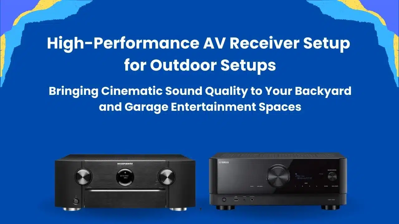 “AV receiver setup in a garage home theater with surround sound and projector screen”