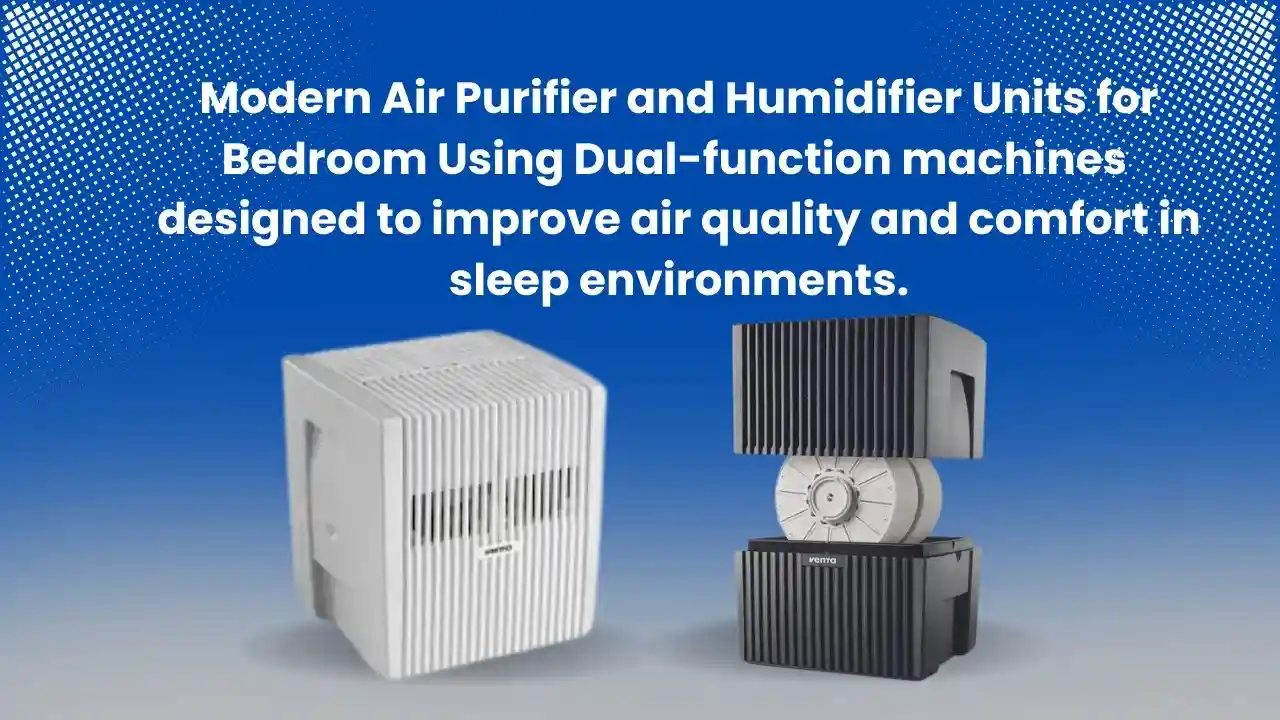 Modern air purifier and humidifier combo units with bold title promoting clean air and sleep comfort in bedrooms.