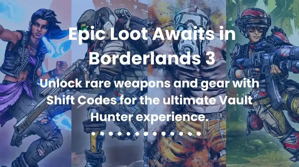 Four Vault Hunters from Borderlands 3 standing in dynamic poses, showcasing their unique combat styles and weapons with vibrant background art.