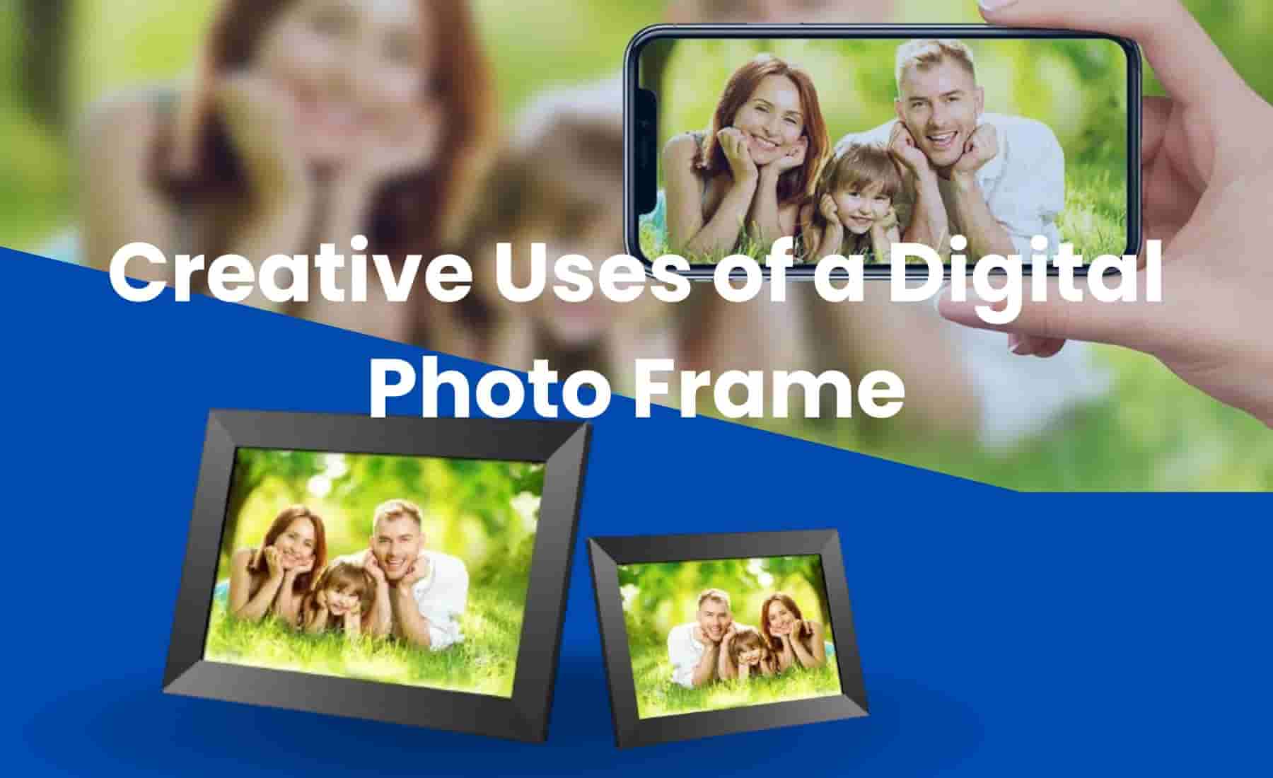 A digital photo frame displaying a family photo next to a smartphone showing the same image, highlighting the creative uses of digital frames.