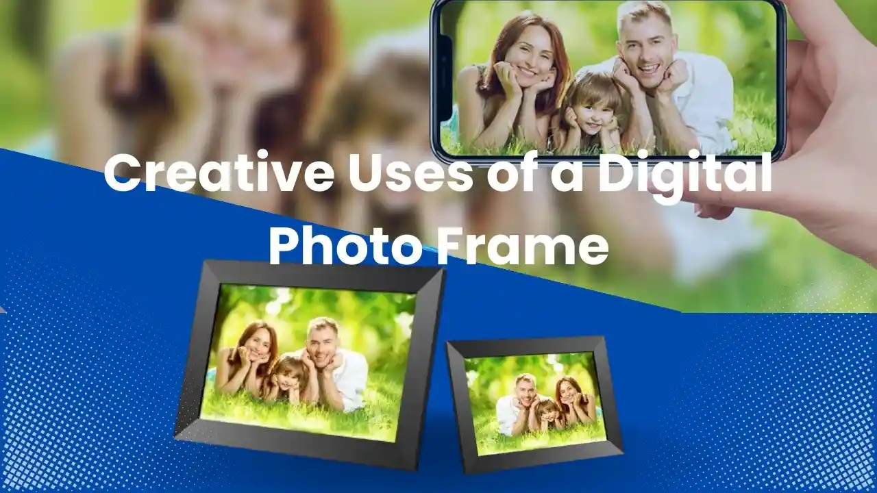 A digital photo frame displaying a family photo next to a smartphone showing the same image, highlighting the creative uses of digital frames.