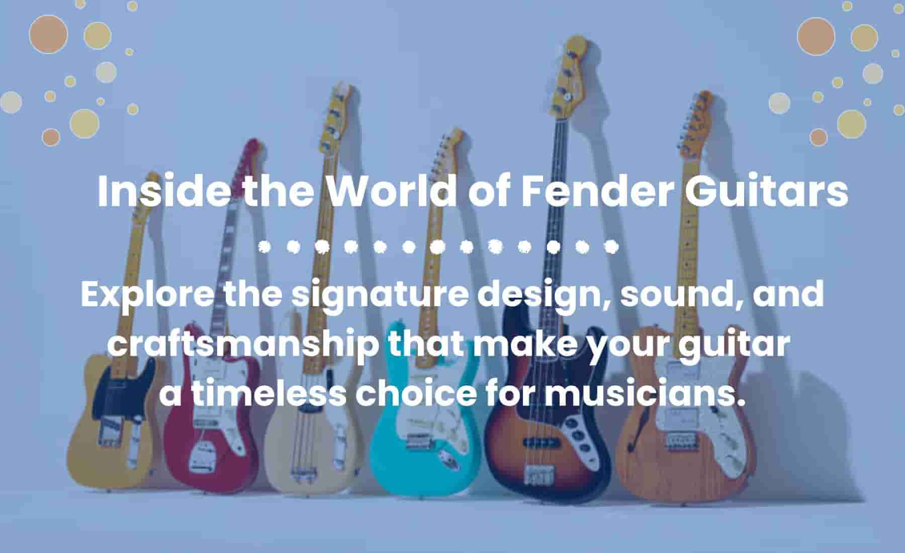 A row of colorful Fender electric guitars displayed against a light blue wall background.
