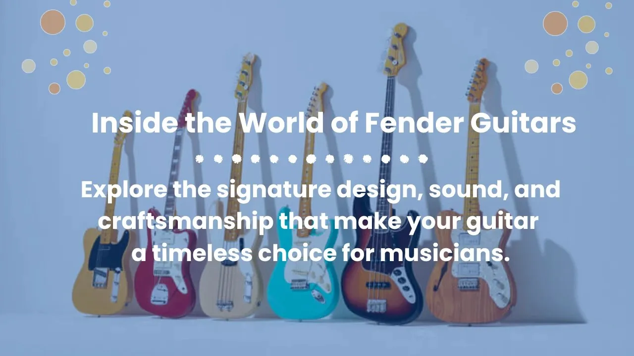 A row of colorful Fender electric guitars displayed against a light blue wall background.