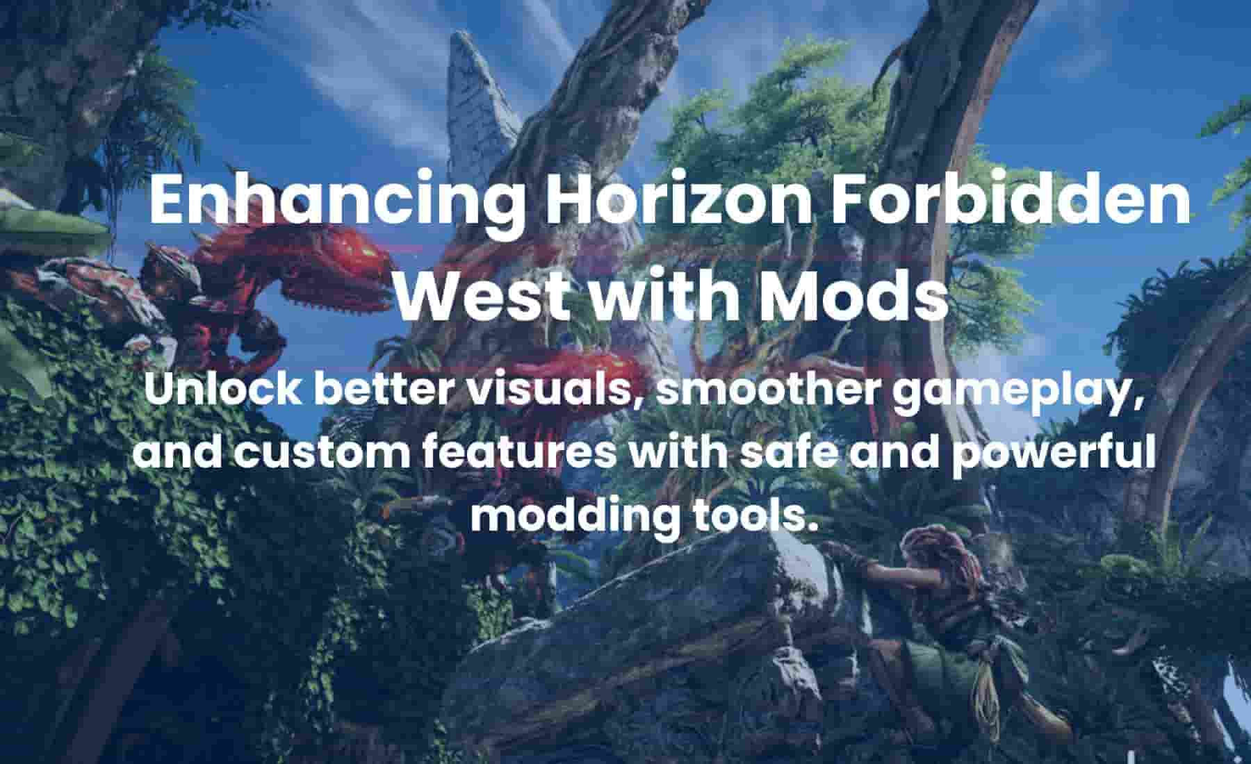 A customized Horizon Forbidden West scene showcasing enhanced graphics and UI through game mods