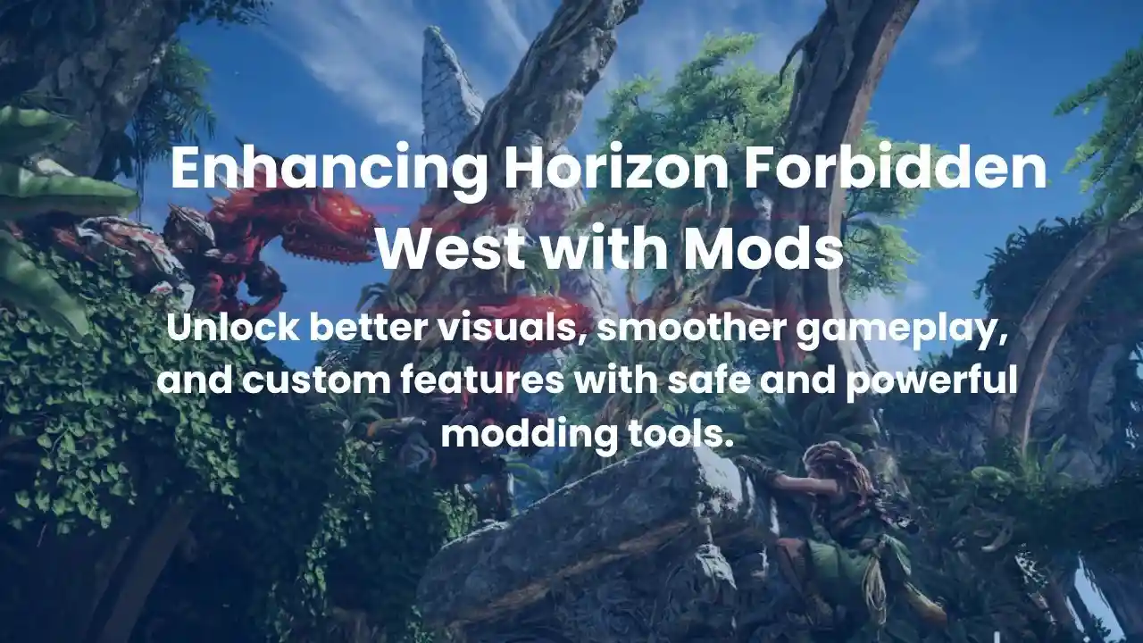 A customized Horizon Forbidden West scene showcasing enhanced graphics and UI through game mods