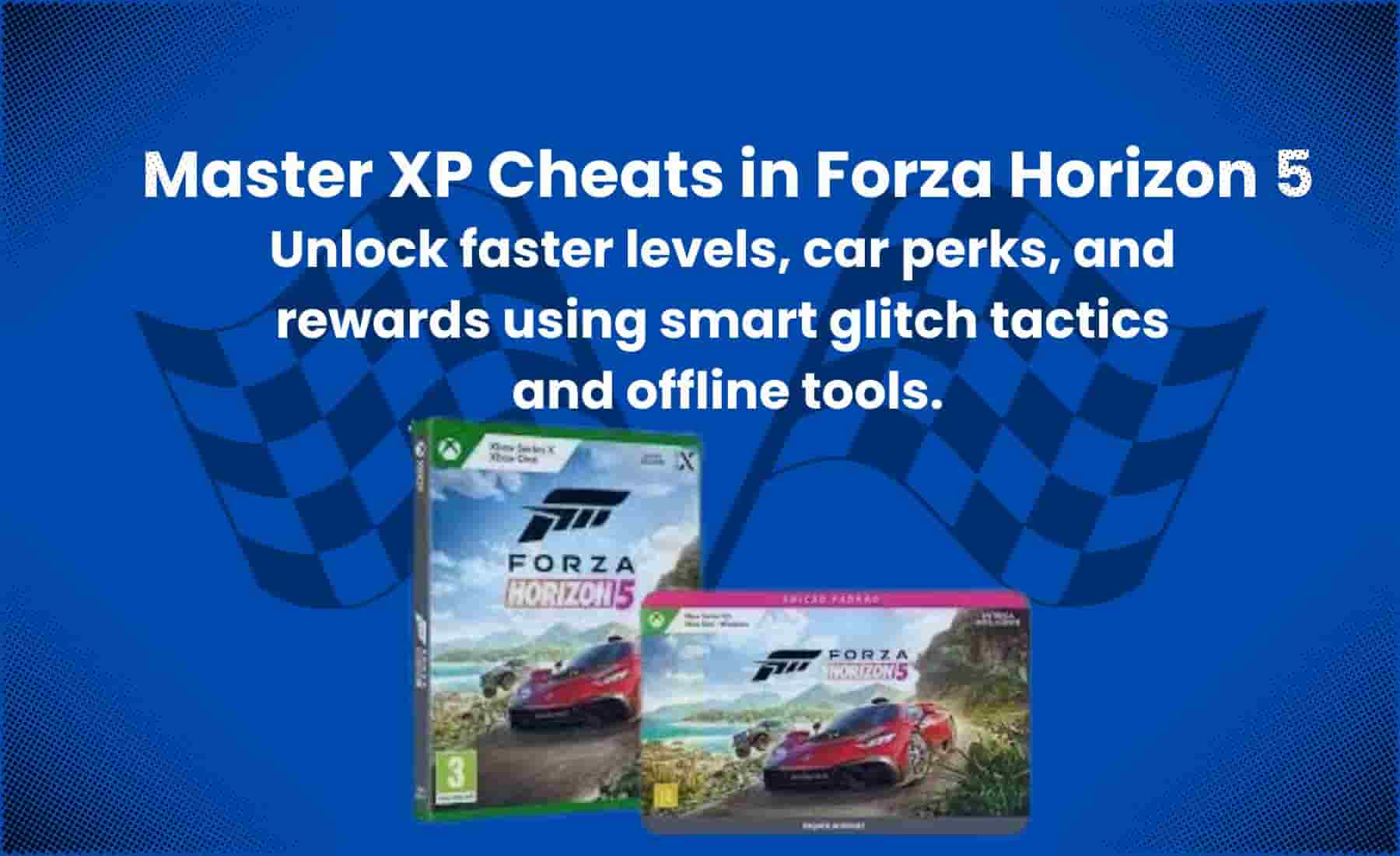 Player leveling up in Forza Horizon 5 using XP cheat tools and farming glitches