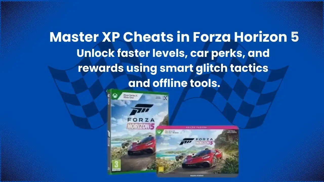 Player leveling up in Forza Horizon 5 using XP cheat tools and farming glitches