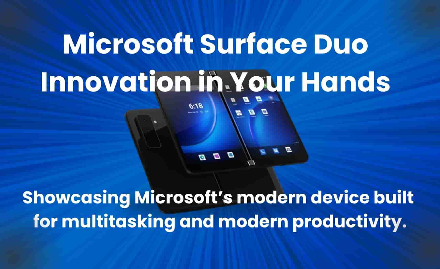 Microsoft Surface Duo showcasing its dual-screen display, open in multitasking mode against a blue digital background.