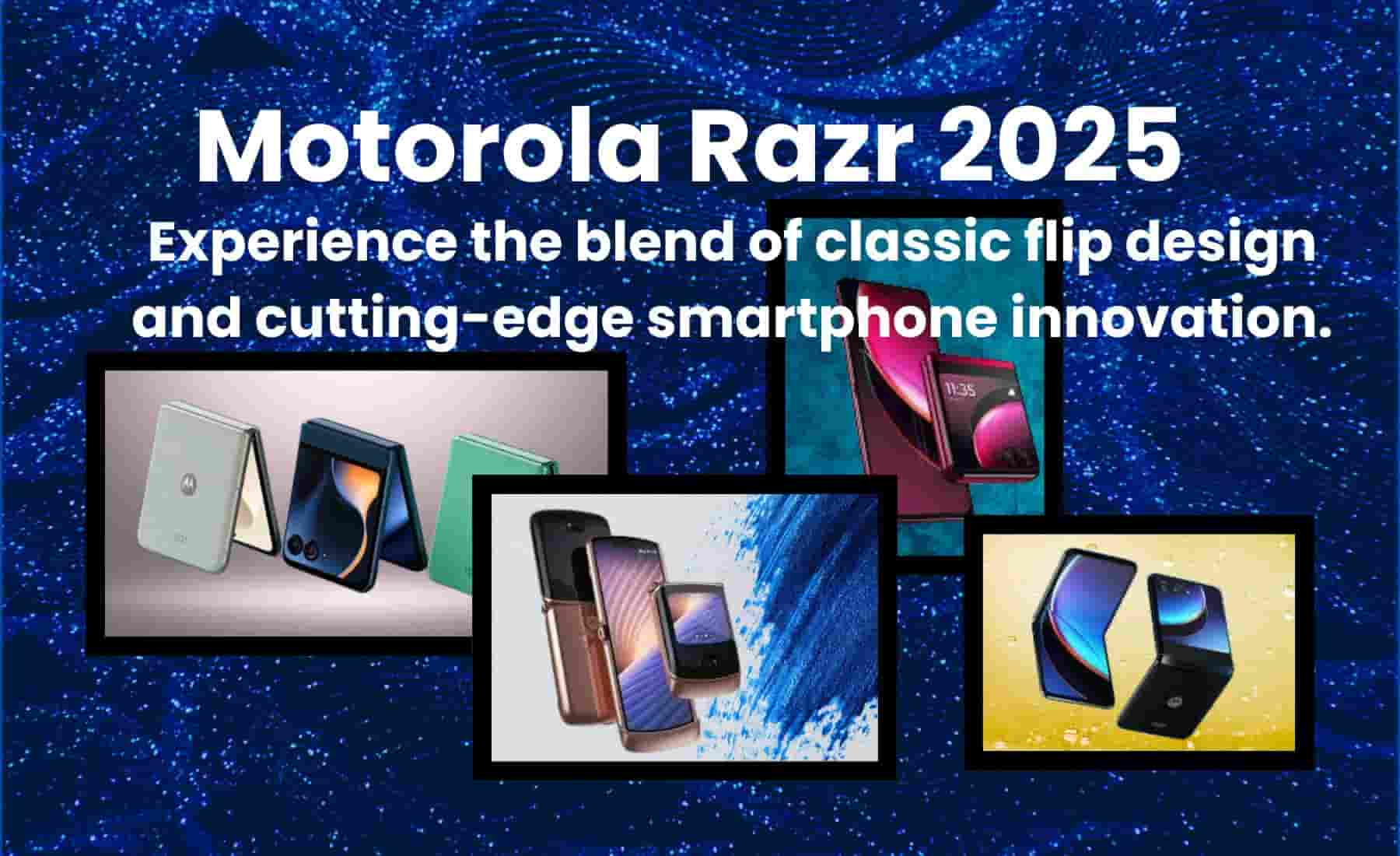 Motorola Razr 2025 models displayed with foldable designs on a vibrant blue background, highlighting modern color options and sleek aesthetics.