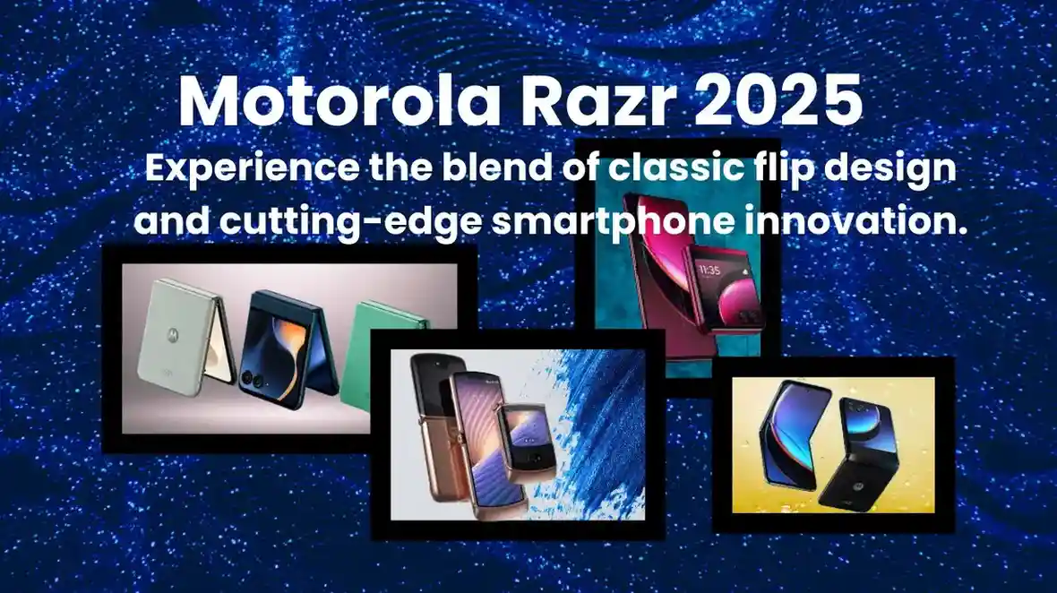 Motorola Razr 2025 models displayed with foldable designs on a vibrant blue background, highlighting modern color options and sleek aesthetics.