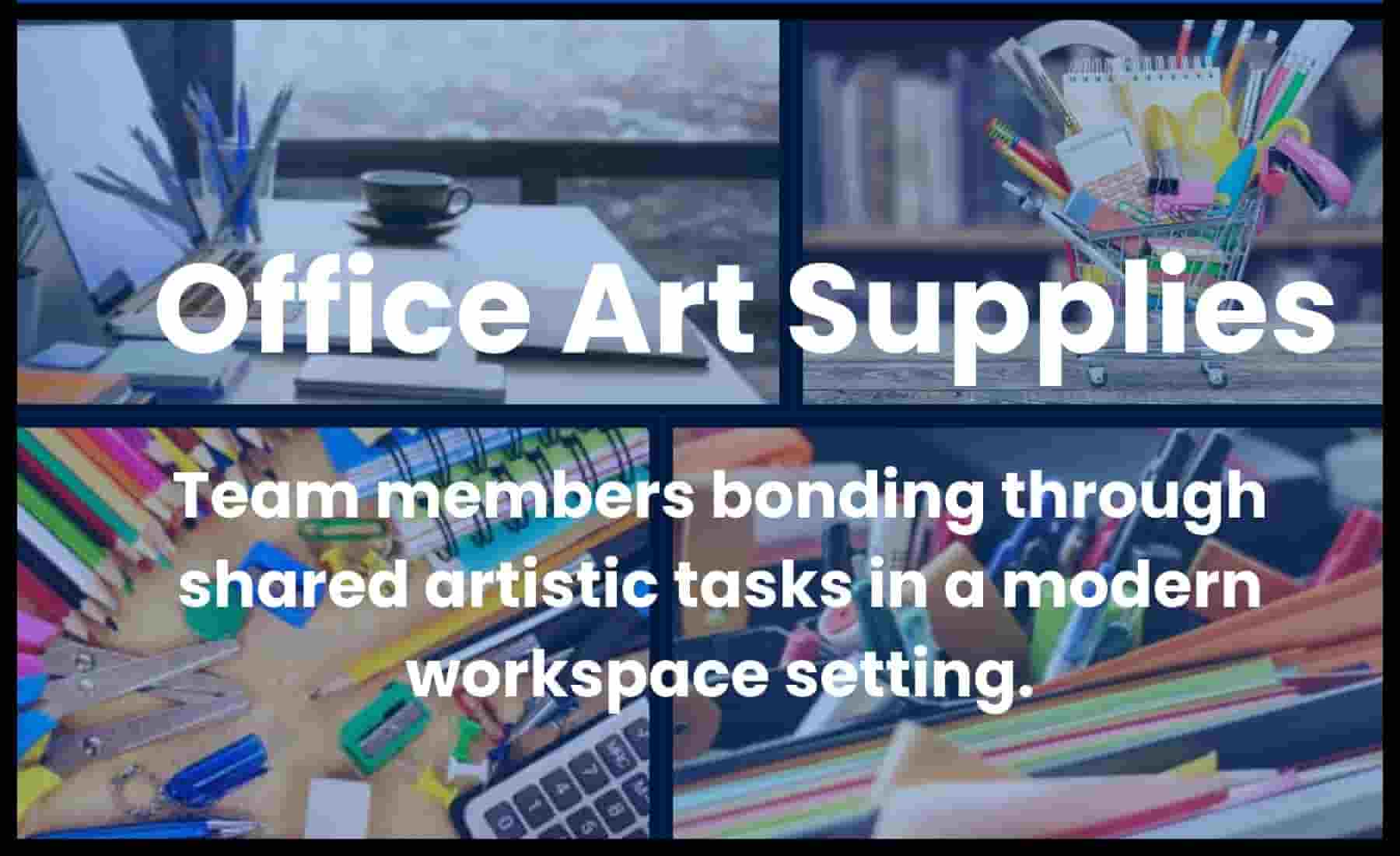 Collage of office art supplies including pens, markers, sticky notes, and workspaces used for team-building activities in a modern office environment.