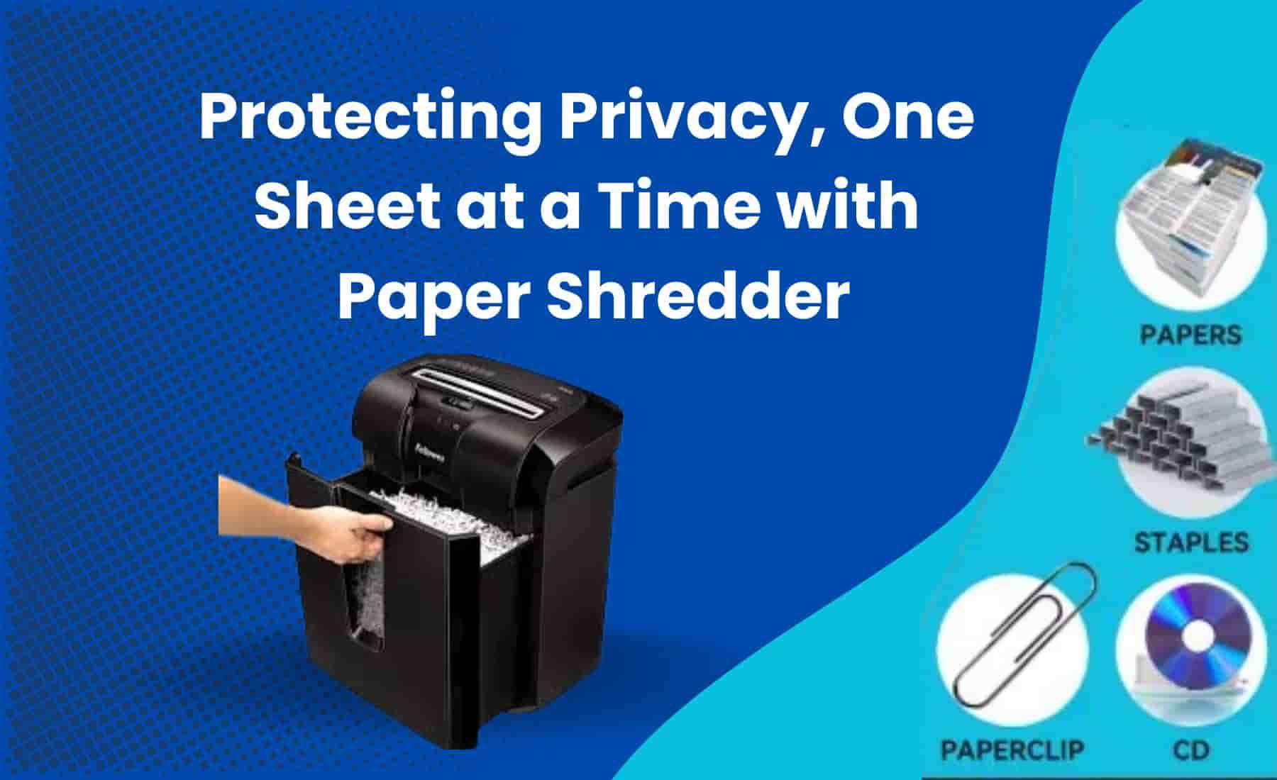A black paper shredder in use with shredded paper in the bin; icons on the side show it can shred paper, staples, paperclips, and CDs.
