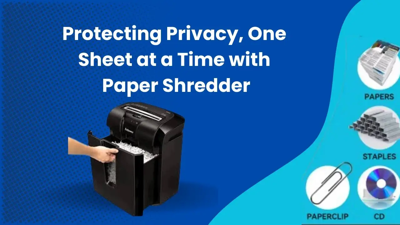 A black paper shredder in use with shredded paper in the bin; icons on the side show it can shred paper, staples, paperclips, and CDs.
