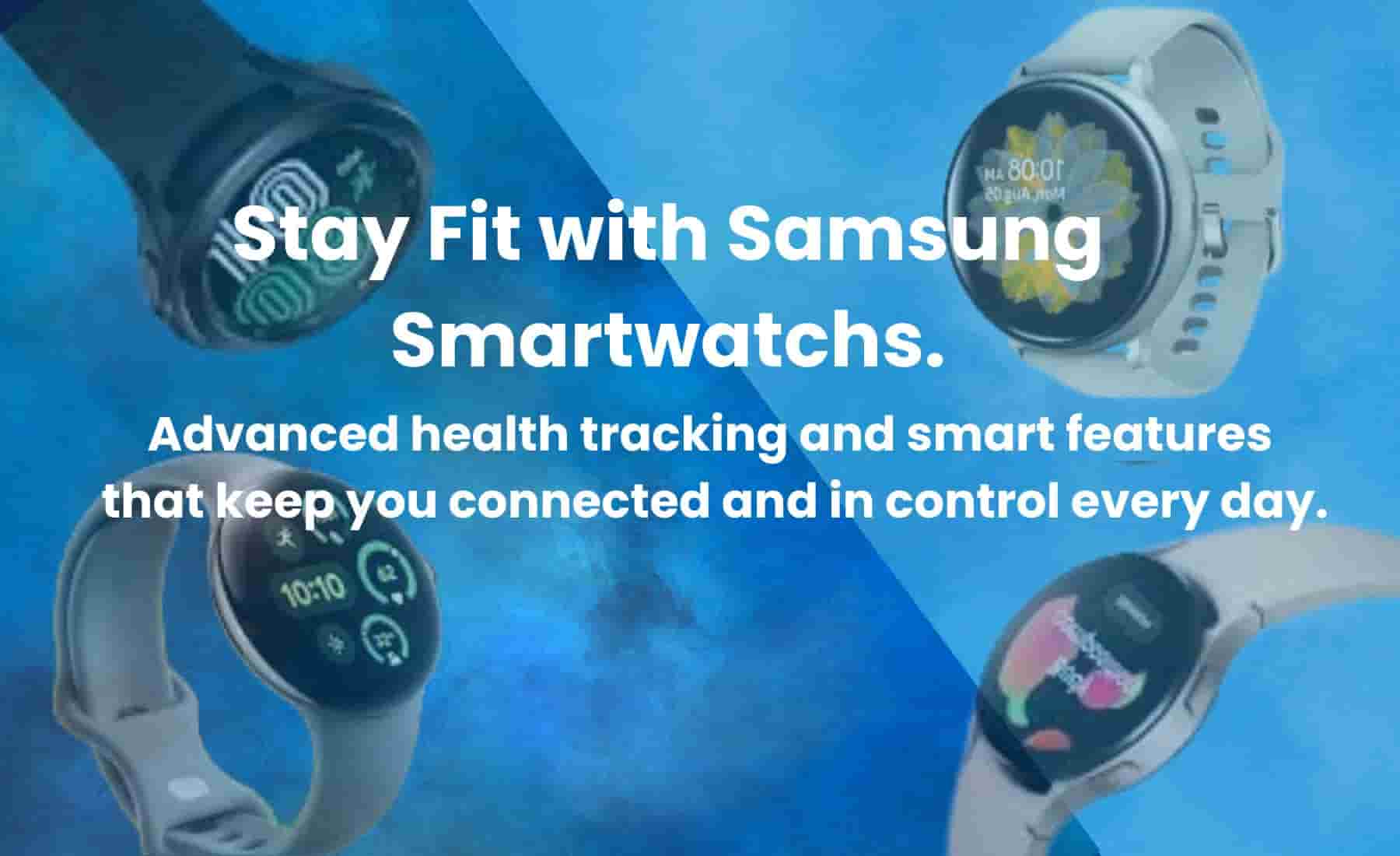 Various Samsung smartwatches displayed on a blue background, showcasing their digital health and fitness tracking screens