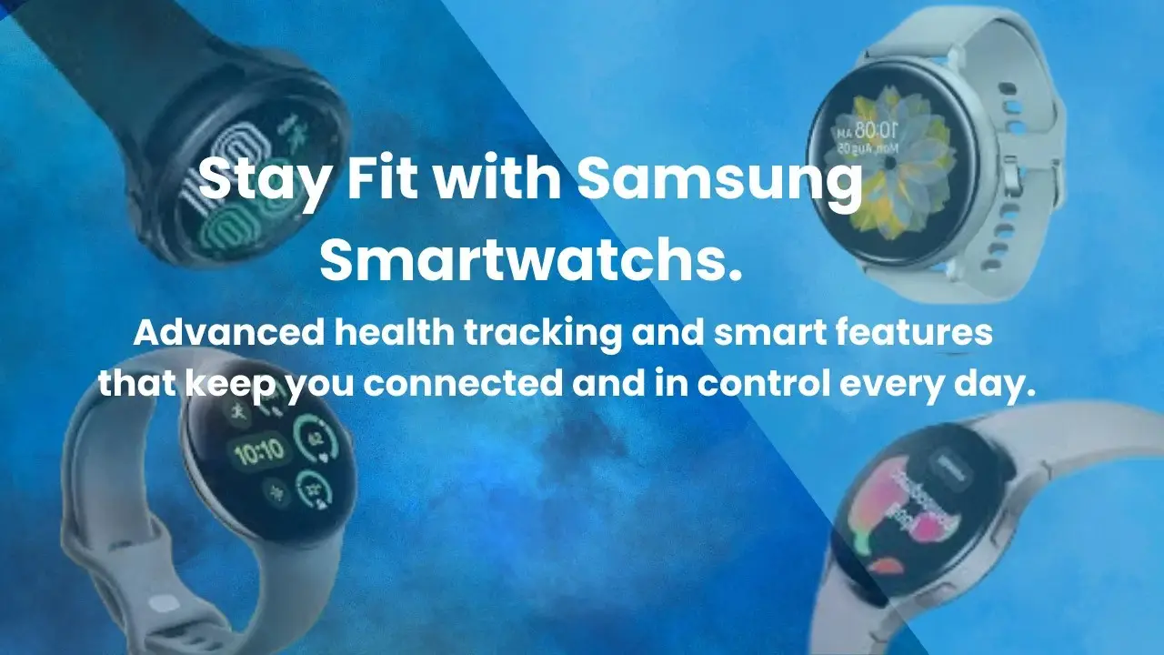 Various Samsung smartwatches displayed on a blue background, showcasing their digital health and fitness tracking screens