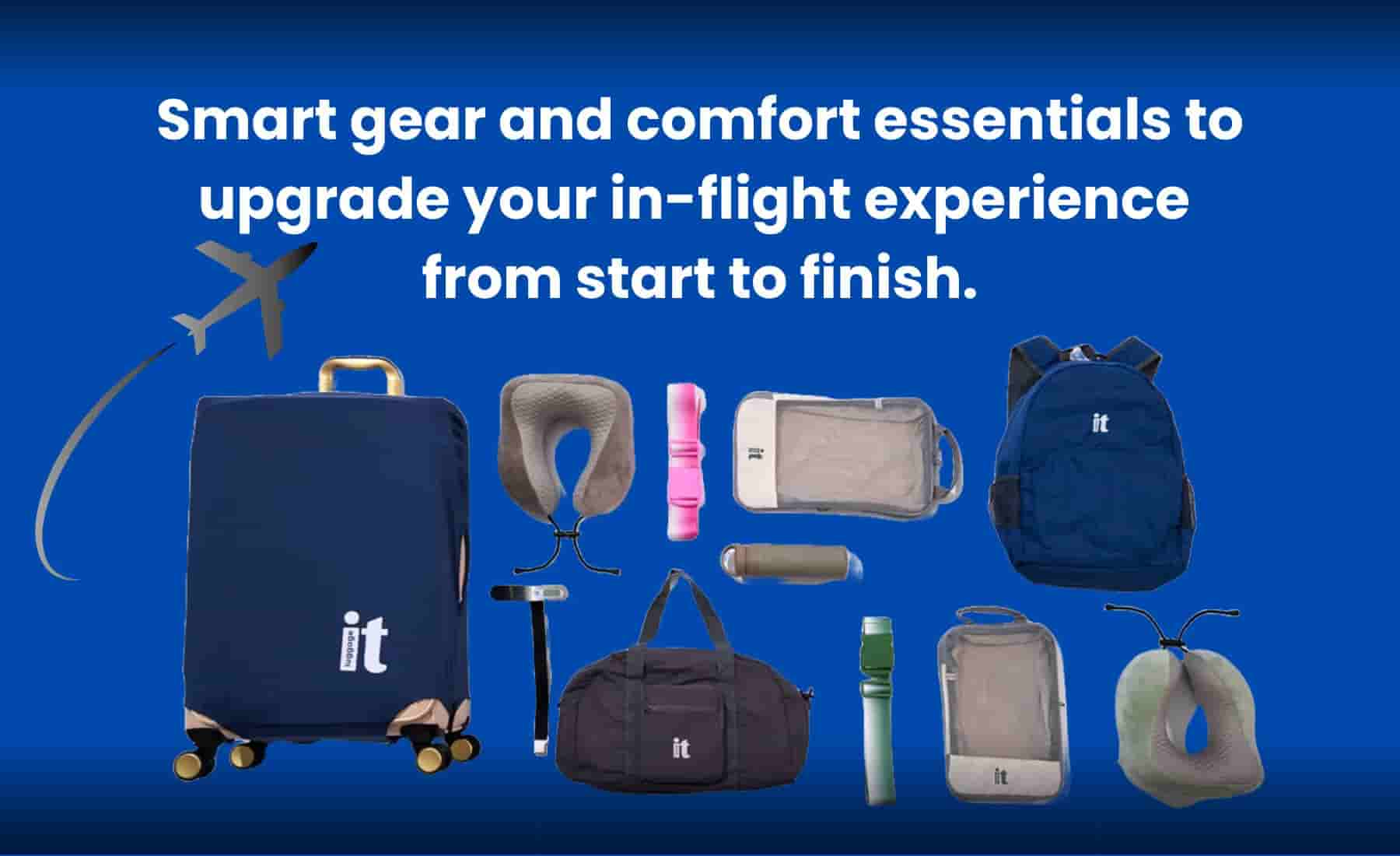 Modern travel accessories arranged on airplane seat and tray table, including neck pillow, noise-canceling headphones, and smart gadgets.