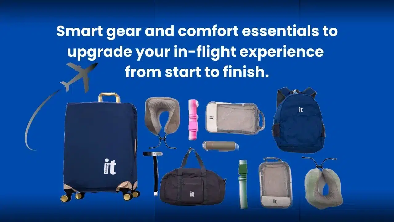 Modern travel accessories arranged on airplane seat and tray table, including neck pillow, noise-canceling headphones, and smart gadgets.