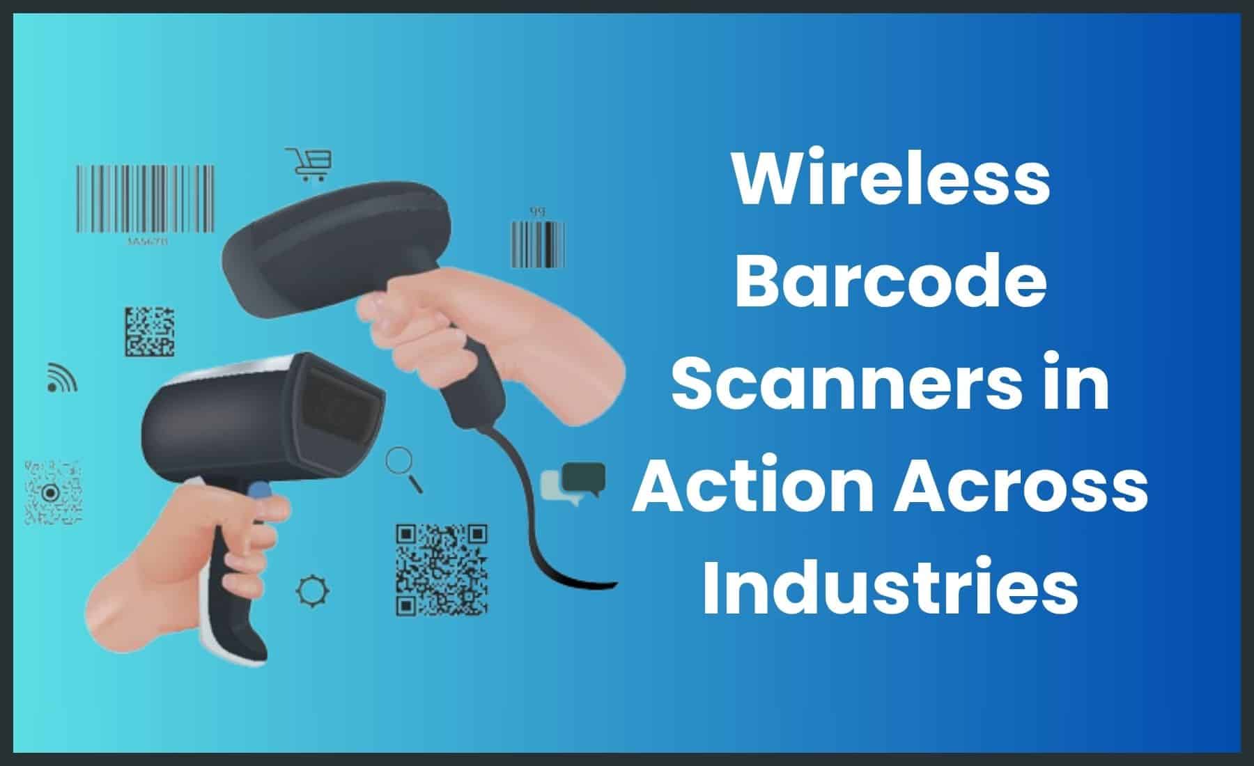 Two animated hands holding wireless barcode scanners with digital icons representing retail and logistics.