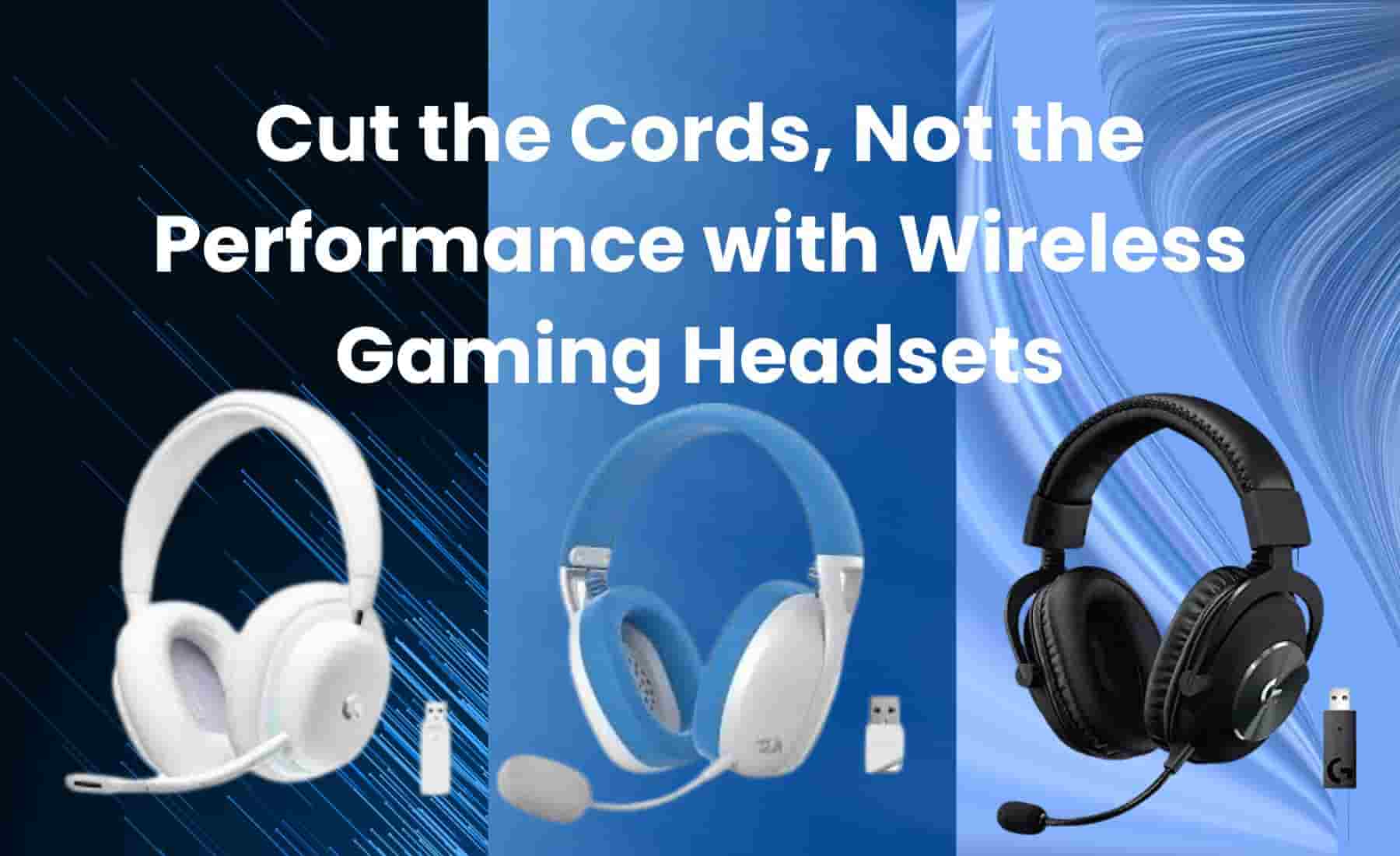 Three wireless gaming headsets in white, blue, and black with USB dongles displayed against a dynamic blue gradient background.