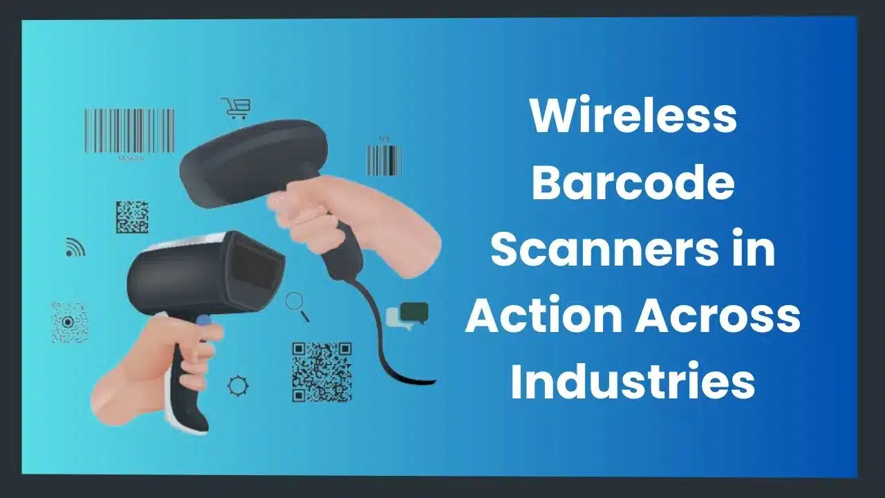 Two animated hands holding wireless barcode scanners with digital icons representing retail and logistics.