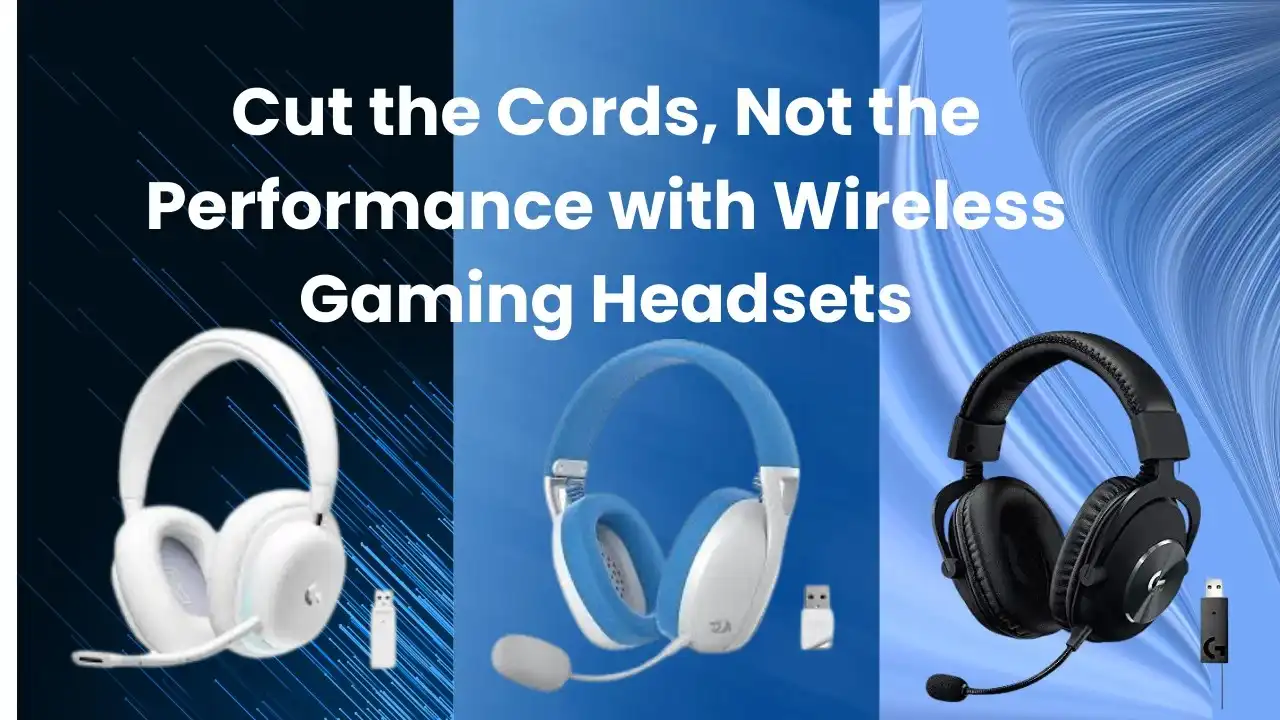 Three wireless gaming headsets in white, blue, and black with USB dongles displayed against a dynamic blue gradient background.