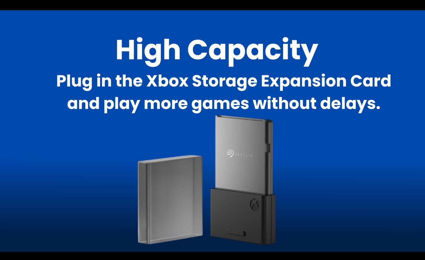 Xbox Storage Expansion Card plugged into Xbox Series X with screen showing expanded game library.