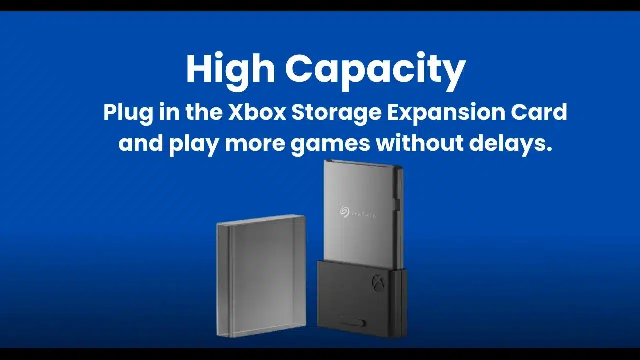 Xbox Storage Expansion Card plugged into Xbox Series X with screen showing expanded game library.