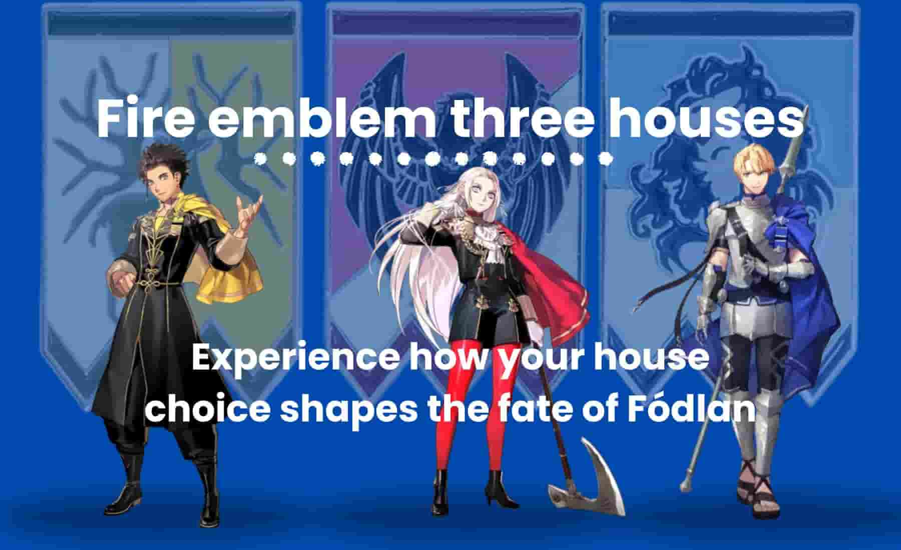 Fire Emblem Three Houses – Main characters representing each house with distinct visual styles and emblems.