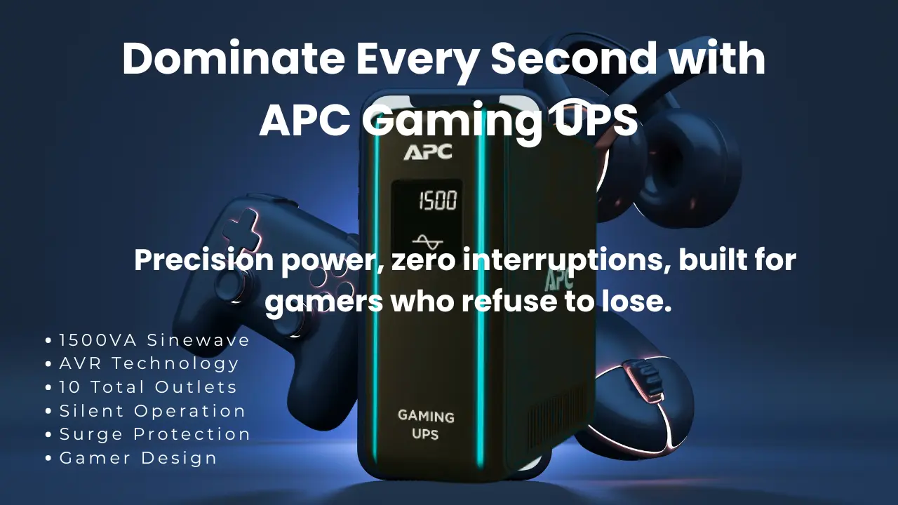APC Gaming UPS with glowing lights displayed alongside gaming earbuds, emphasizing power stability and gamer-centric design.