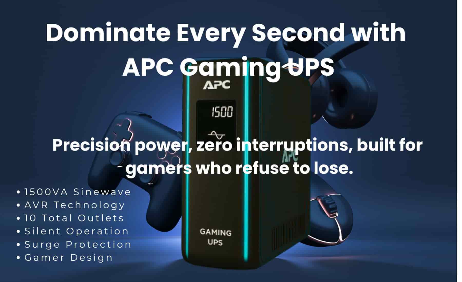 APC Gaming UPS with glowing lights displayed alongside gaming earbuds, emphasizing power stability and gamer-centric design.