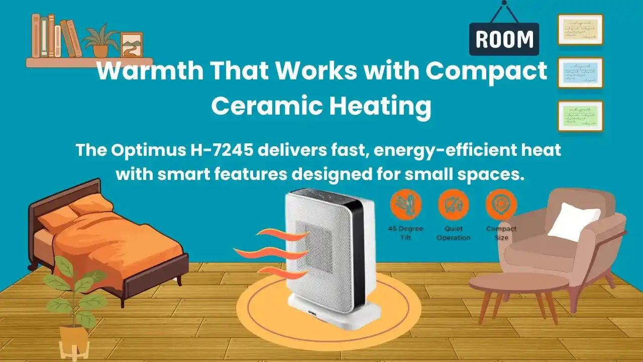 Illustration of a cozy room featuring the Optimus H-7245 ceramic heater with labeled features like tilt, quiet operation, and compact size.