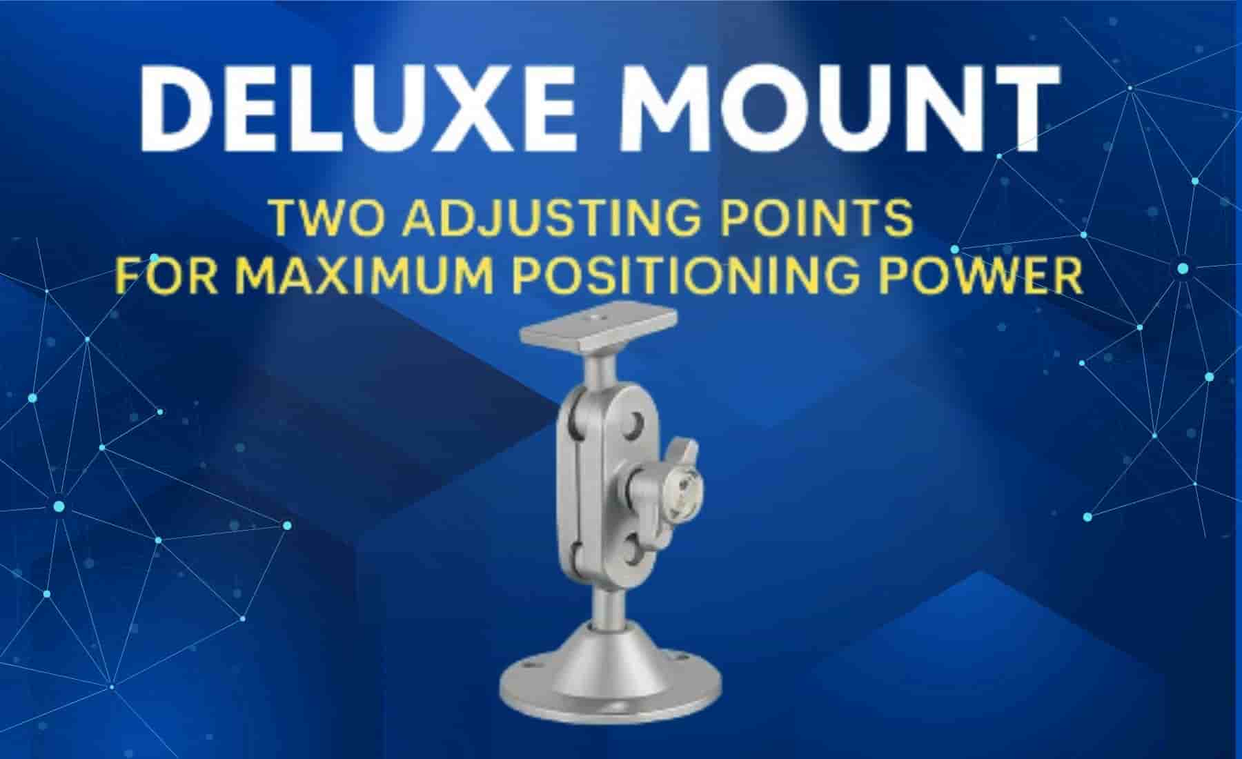 Metal deluxe camera mount with two adjustable points on a blue geometric background.