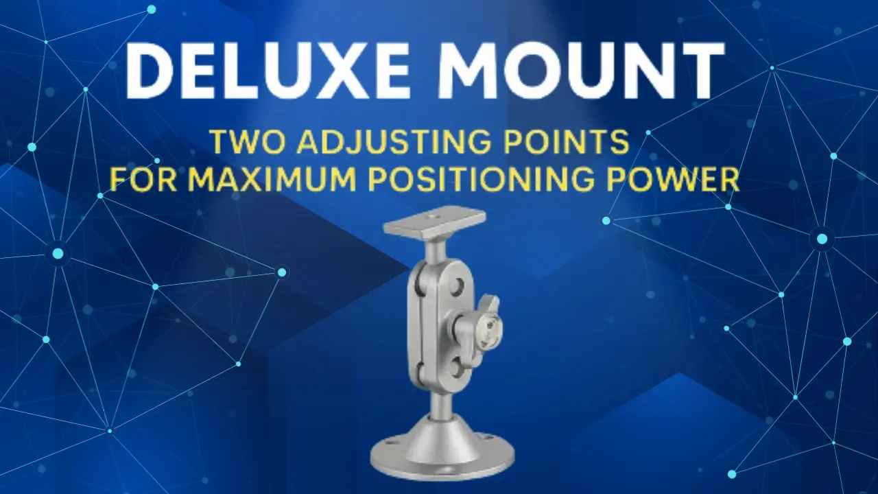 Metal deluxe camera mount with two adjustable points on a blue geometric background.