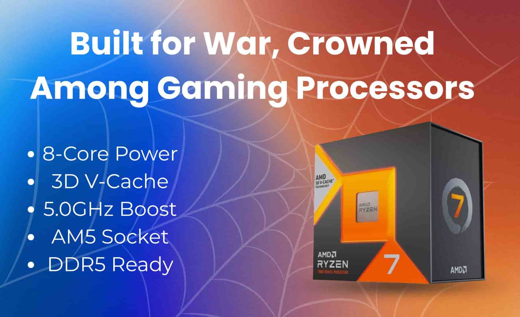 AMD Ryzen 7 7800X3D with tagline and features on a vibrant background.