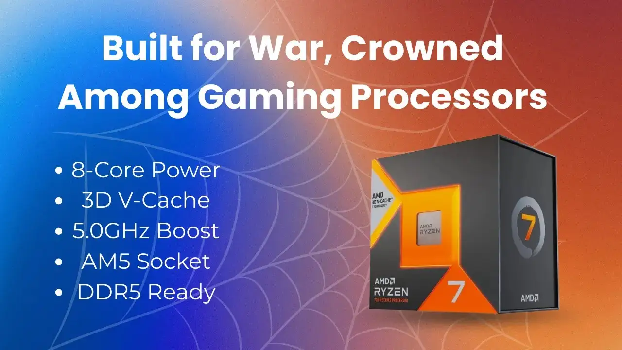 AMD Ryzen 7 7800X3D with tagline and features on a vibrant background.