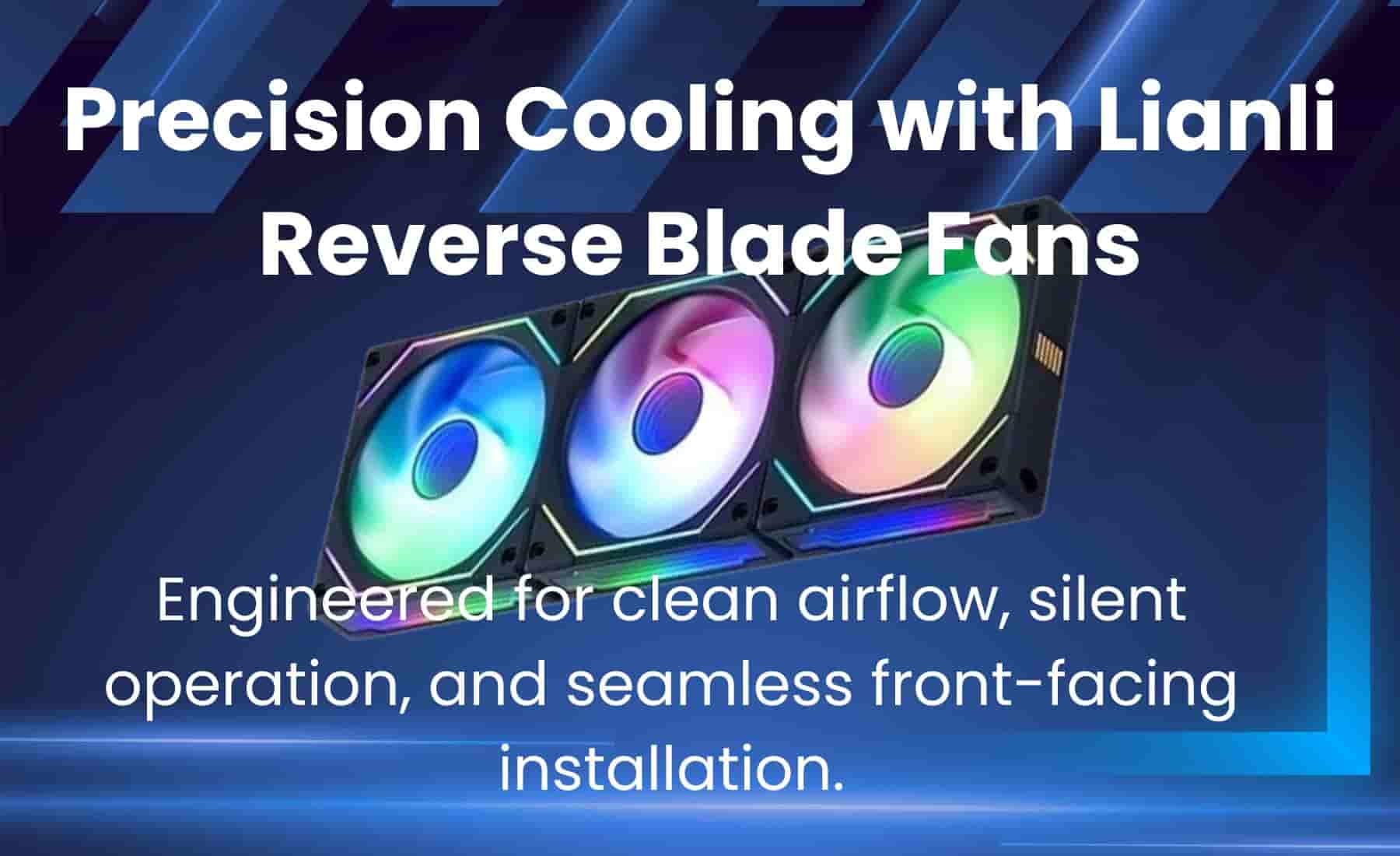Lianli 120mm reverse blade RGB case fans in a triple pack, showcased with vibrant lighting and cooling performance design.