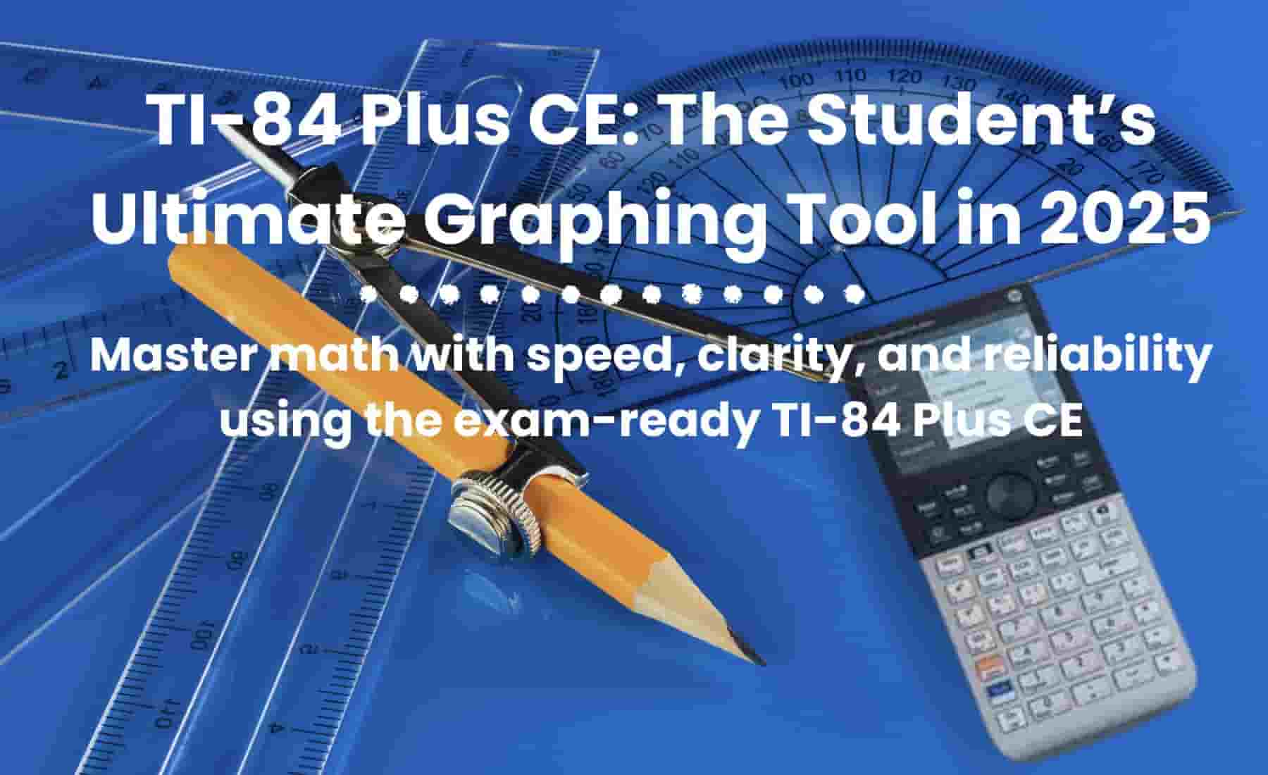 "TI-84 Plus CE graphing calculator with protractor, ruler, and pencil on a blue background"