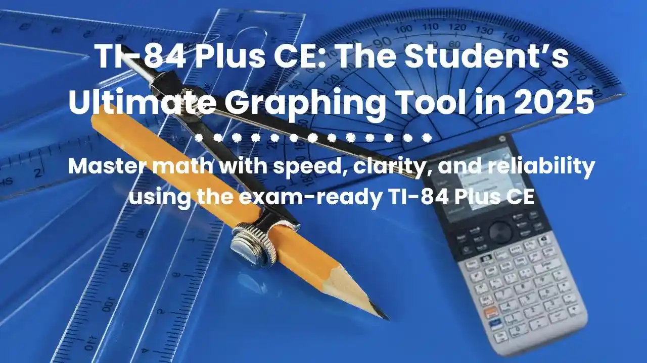 "TI-84 Plus CE graphing calculator with protractor, ruler, and pencil on a blue background"