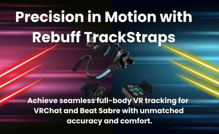 Rebuff Reality TrackStraps and Trackbelt bundle displayed with VR motion effects, emphasizing full-body tracking capabilities.