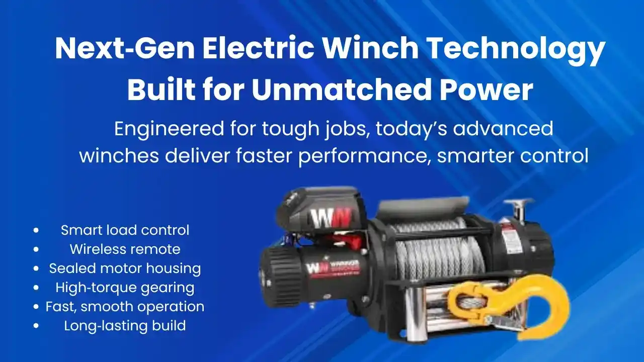 Advanced electric winch with heavy-duty cable and smart control features for hauling and recovery.