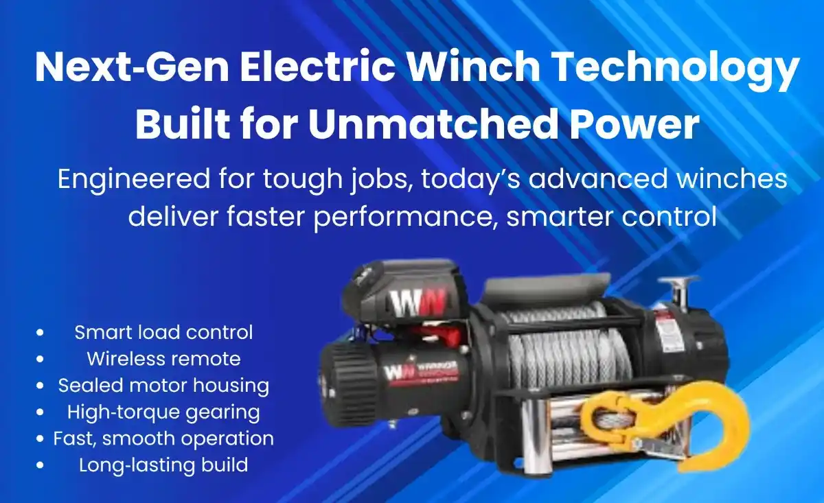 Advanced electric winch with heavy-duty cable and smart control features for hauling and recovery.